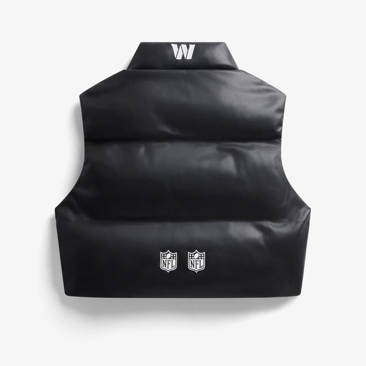 Washington Commanders women's black faux leather cropped puffer vest back view