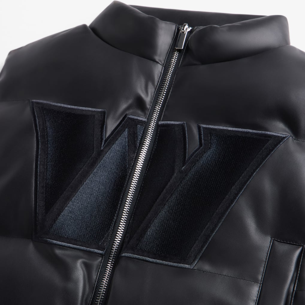 Washington Commanders women's black faux leather cropped puffer vest W team design detail
