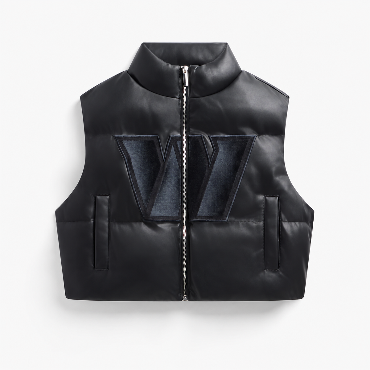Washington Commanders women's black faux leather cropped puffer vest with clean hem and no rectangular front patch