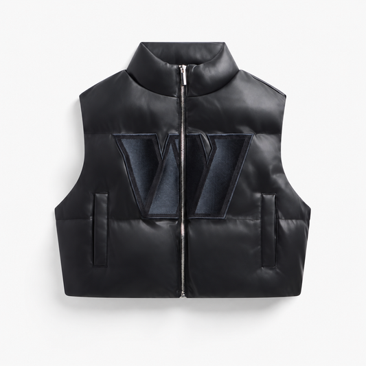Washington Commanders women's black faux leather cropped puffer vest with clean hem and no rectangular front patch