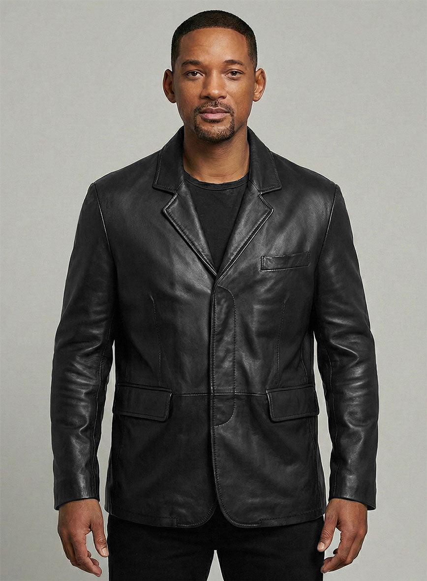 Will Smith Black Leather Blazer – close-up and worn views