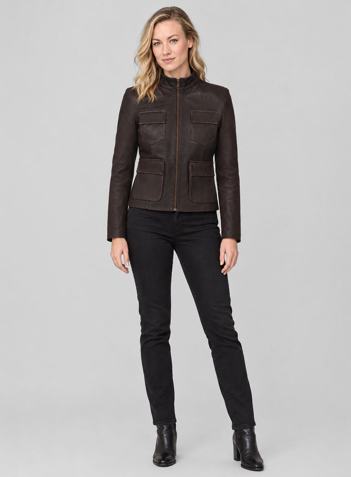 Yvonne Strahovski White Leather Jacket – close-up and worn views