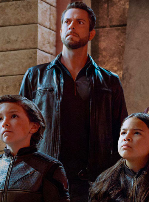 Zachary Levi Spy Kids Black Leather Jacket – Zachary Levi wearing the look, photo 3