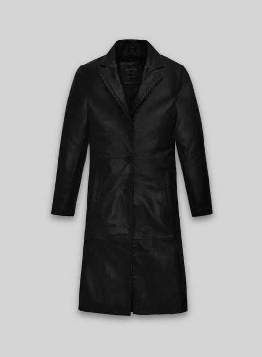 Zoe Kravitz Black Leather Long Coat – front view