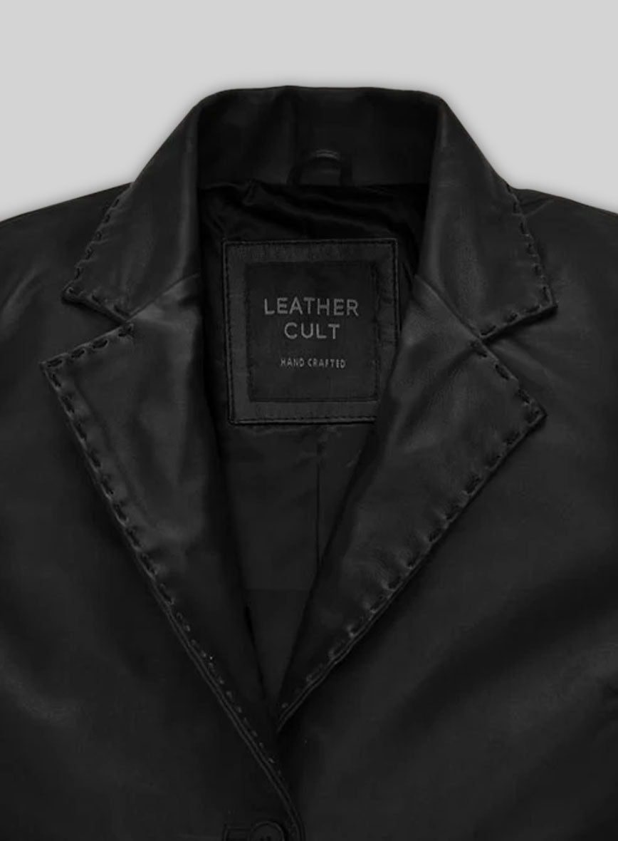 Zoe Kravitz Black Leather Long Coat – close-up and worn views