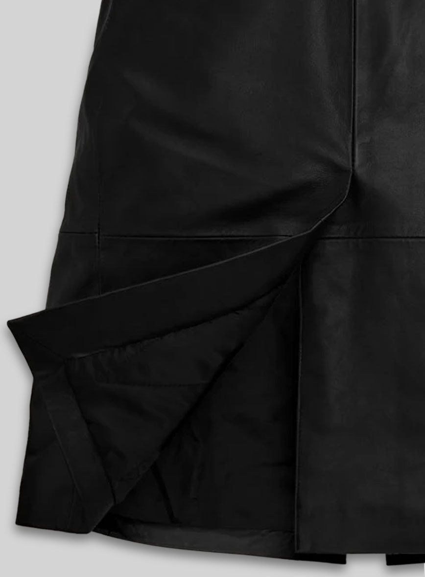 Zoe Kravitz Black Leather Long Coat – close-up and worn views